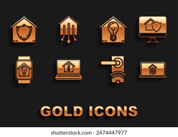 Set Laptop with house temperature, Computer monitor under protection, smart home, Digital door lock wireless technology for unlock, Smart watch and light bulb, House and  icon. Vector