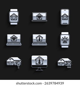 Set Laptop with house temperature, Computer monitor, Smart and alarm, watch smart, light bulb, home wi-fi, Mobile phone under protection and  icon. Vector