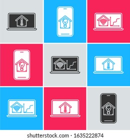 Set Laptop with house temperature, Mobile phone with smart house and light bulb and Laptop with smart home with wi-fi icon. Vector