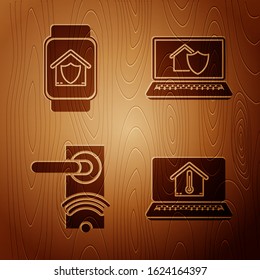 Set Laptop with house temperature, Smart watch with house under protection, Digital door lock with wireless technology for unlock and Laptop with house under protection on wooden background. Vector