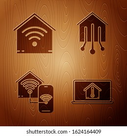 Set Laptop with house temperature, Smart home with wi-fi, Smart home with wi-fi and Smart home on wooden background. Vector