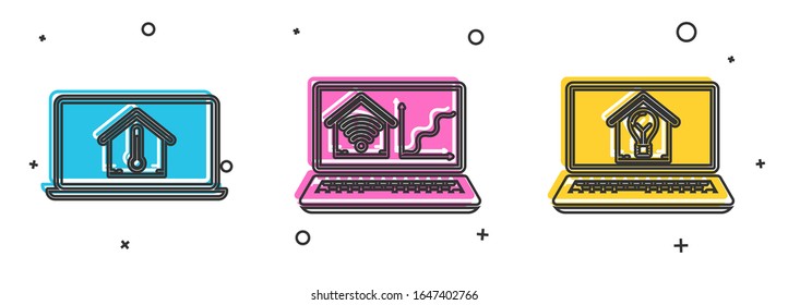 Coloque un portátil con temperatura de la casa, portátil con hogar inteligente con wi-fi y portátil con una casa inteligente y un icono de bombilla. Vector
