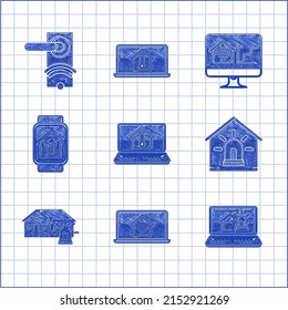Ajuste la laptop con temperatura de la casa, wi-fi para el hogar inteligente, y alarma, inteligente, lámpara de luz de reloj, monitor de computadora y tecnología inalámbrica de cerradura de puerta digital para icono de desbloqueo. Vector