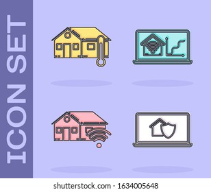 Set Laptop with house under protection, House temperature, Smart home with wi-fi and Laptop with smart home with wi-fi icon. Vector