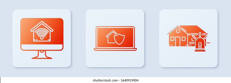 Set Laptop with house under protection, Computer monitor with smart home with wi-fi and Smart house and alarm. White square button. Vector