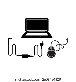 a set of laptop icons with charger and mouse