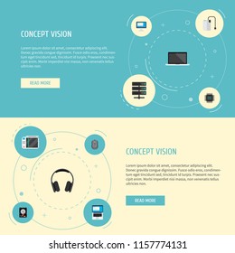 Set of laptop icons flat style symbols with control device, cpu, game console and other icons for your web mobile app logo design.