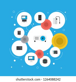 Set of laptop icons flat style symbols with projector, hard drive, notebook and other icons for your web mobile app logo design.