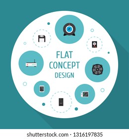 Set of laptop icons flat style symbols with hdd, modem, floppy disk and other icons for your web mobile app logo design.