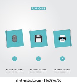 Set of laptop icons flat style symbols with control device, floppy disk, printing machine and other icons for your web mobile app logo design.