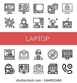 Set of laptop icons such as Computer, Engineering, Engineer, Graphic tablet, Server, Education, Screen, Phishing, News, Laptop, Technician, Hacker, Technical Support , laptop