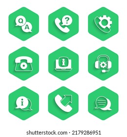 Set Laptop with information, Telephone 24 hours support, Speech bubble chat, Headphones, Information,  and Question and Answer icon. Vector