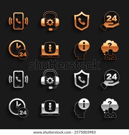 Set Laptop with information, Telephone 24 hours support, Head question mark, Information, Clock,  and Headphones icon. Vector