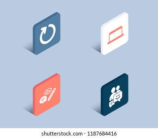 Set of Laptop, Keywords and Loop icons. Communication sign. Mobile computer, Pencil with key, Refresh. Business messages.  3d isometric buttons. Flat design concept. Vector