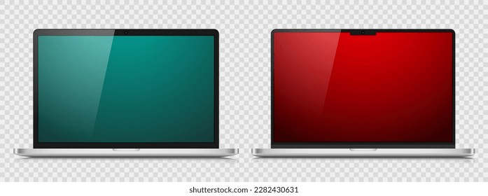 Eine Reihe von Laptop-Layouts in einem Metallgehäuse. Modelle von modernen Notebooks mit grünen und roten Bildschirmen auf transparentem Hintergrund. Vektorgrafik.