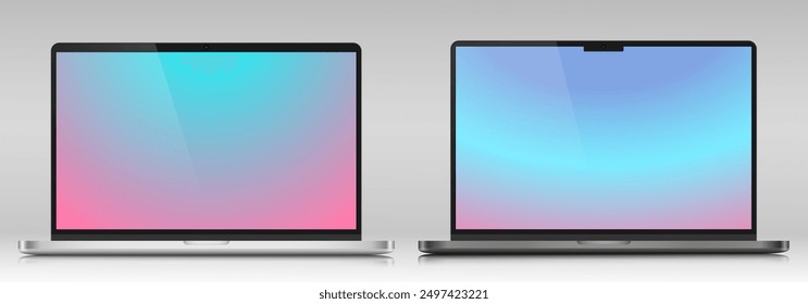 A set of laptop layouts in a metal case. Models of modern laptops with color gradient screens on a gray background. Vector illustration.