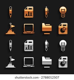 Set Laptop, Light bulb, Document with graph chart, folder, Mountains flag on, Fountain pen nib, Pencil and  icon. Vector