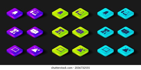 Set Laptop, Light rays in prism, Pencil sharpener, Chalkboard, Test tube and flask and Ringing bell icon. Vector