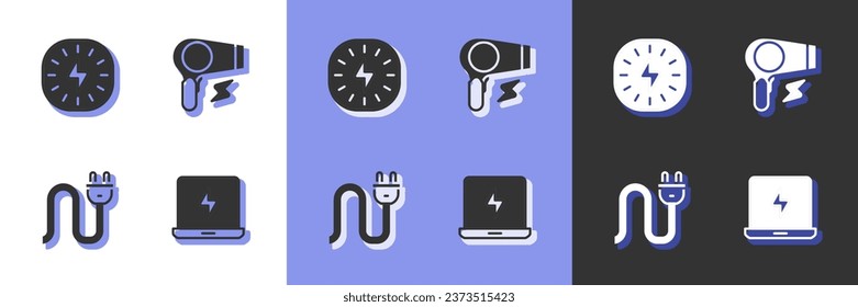 Set Laptop, Lightning bolt, Electric plug and Hair dryer icon. Vector