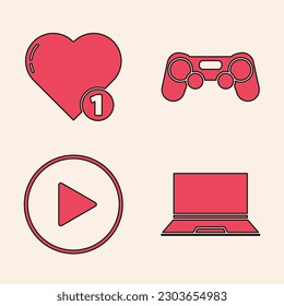 Set Laptop, Like and heart, Gamepad and Play in circle icon. Vector