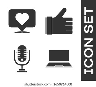 Set Laptop, Like and heart, Microphone and Hand like icon. Vector