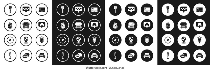 Set Laptop with location marker, Car, key remote, Map pointer taxi, Scooter and Compass icon. Vector