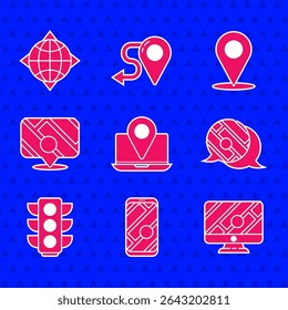 Set Laptop with location marker, City map navigation, Monitor, Infographic of city, Traffic light, Location and World globe compass icon. Vector