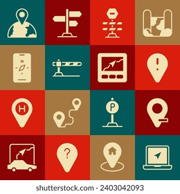 Set Laptop with location marker, Location, exclamation, Road barrier, Parking car, Compass mobile, the globe and Gps device map icon. Vector