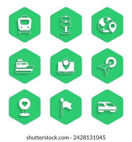 Set Portátil con marcador de ubicación, ubicación, tren de alta velocidad, infografía de la navegación de mapas de la ciudad, corazón, ruta de la línea de barco, el globo terráqueo y el icono de tren. Vector