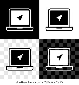Set Laptop mit Ortsmarkierungssymbol einzeln auf schwarz-weißem, transparentem Hintergrund.  Vektorgrafik