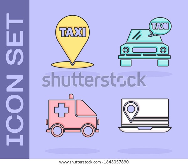 Set Laptop with\
location marker, Map pointer with taxi, Ambulance and emergency car\
and Taxi car icon. Vector