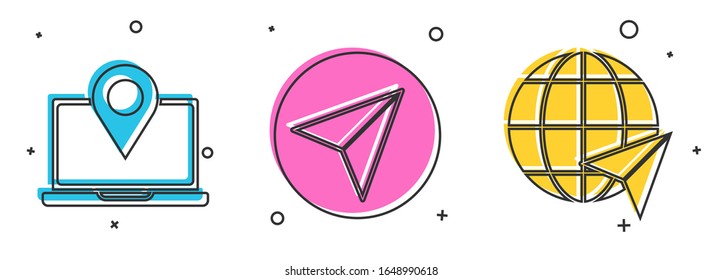 Set Laptop with location marker, Paper airplane and Location on the globe icon. Vector