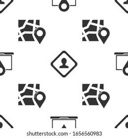 Set Laptop with location marker, Road traffic sign and Folded map with location marker on seamless pattern. Vector