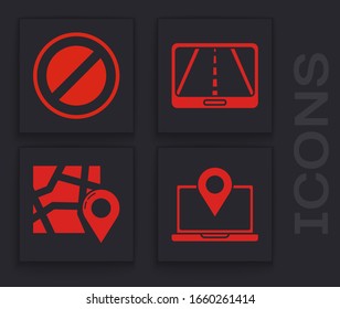 Set Laptop with location marker, Stop sign, Infographic of city map navigation and Folded map with location marker icon. Vector