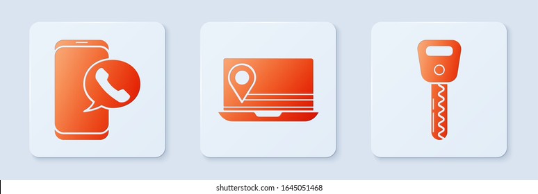 Set Laptop with location marker, Taxi call telephone service and Car key. White square button. Vector