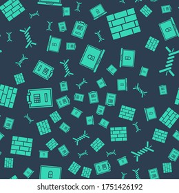 Set Laptop and lock, Bricks, Safe and Barbed wire on seamless pattern. Vector