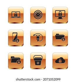 Set Laptop and lock, Folder, Cooler bag, Electric scooter, Smartphone with and Lock monitor icon. Vector