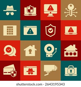 Set Laptop and lock, House with password, exclamation mark, Monitor, Browser, Password protection, Incognito mode and Shield check icon. Vector
