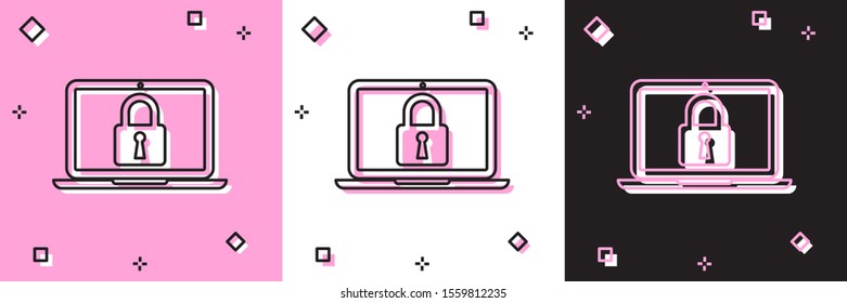 Set Laptop and lock icon isolated on pink and white, black background. Computer and padlock. Security, safety, protection concept. Safe internetwork.  Vector Illustration