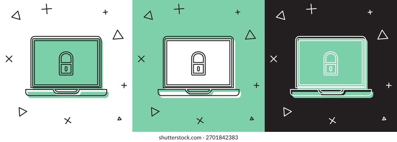 Conjunto Laptop e icono de bloqueo aislado en blanco y verde, fondo negro. Ordenador y candado. Seguridad, seguridad, concepto de protección. Interred segura.  Ilustración vectorial