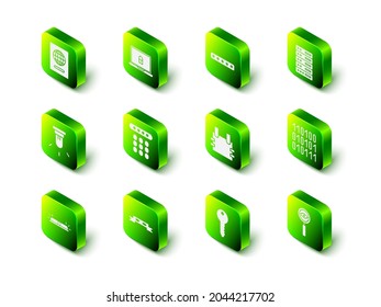 Configurar portátil y bloqueo, protección con contraseña, servidor, datos, hospedaje web, código binario, búsqueda con vidrio de aumento, chaleco antibalas, icono con máscara ocular de clave y ladrón. Vector