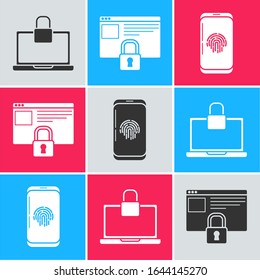 Set Laptop and lock , Secure your site with HTTPS, SSL and Smartphone with fingerprint scanner  icon. Vector