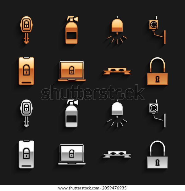 Set Laptop and lock, Security\
camera, Lock, Thief eye mask, Mobile with closed padlock, Ringing\
alarm bell, Car key remote and Fire extinguisher icon.\
Vector