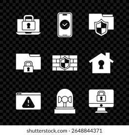 Set Laptop and lock, Smartphone, Document folder protection, Browser with exclamation mark, Flasher siren, Lock monitor, Folder and Shield brick wall icon. Vector