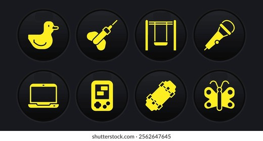 Set Laptop, Microphone, Tetris electronic game, Skateboard, Swing, Dart arrow, Butterfly and Rubber duck icon. Vector