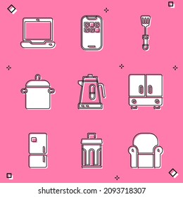 Set Laptop, Mobile Apps, Spatula, Cooking pot, Electric kettle, Wardrobe, Refrigerator and Trash can icon. Vector
