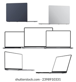 Set Of Laptop Mockup, Front, Side, Back, View, Blank Screens, Isolated On White Background. Vector Illustration