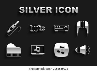 Set Laptop with music, Air headphones, Megaphone, Music note, tone, Grand piano, Sound mixer controller, Audio jack and Xylophone icon. Vector