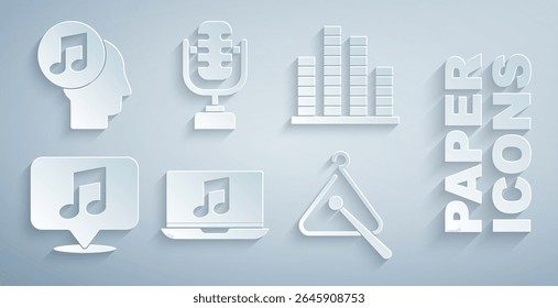 Set Laptop with music note, Music equalizer, Musical in speech bubble, Triangle musical instrument, Microphone and human head icon. Vector