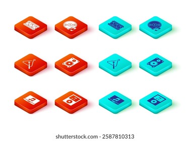 Set Laptop with music note, Music player, Triangle musical instrument, Stereo speaker, Vinyl disk and Drum icon. Vector